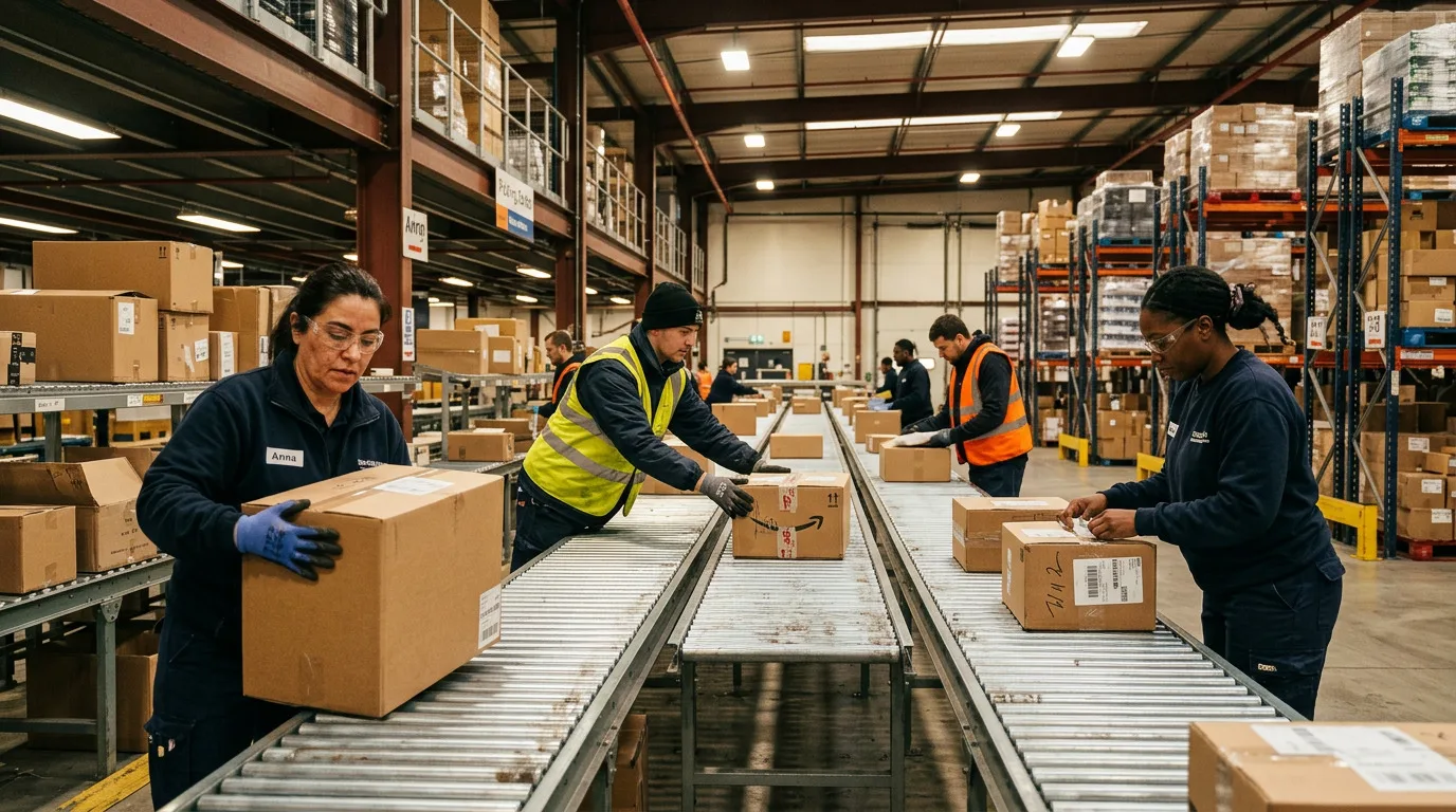 KI-generierte Szene: Zusammenarbeit beim Sortieren von Paketen im Logistikzentrum.